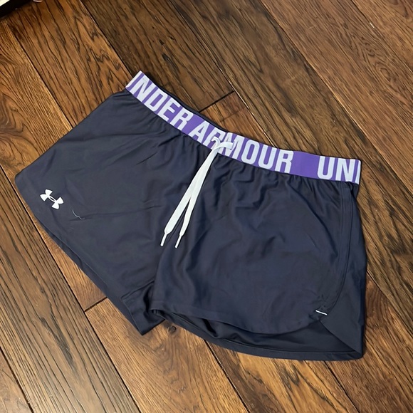 Under Armour Pants - Under Armour nylon shorts. Dark gray with purple waist band. Worn very little